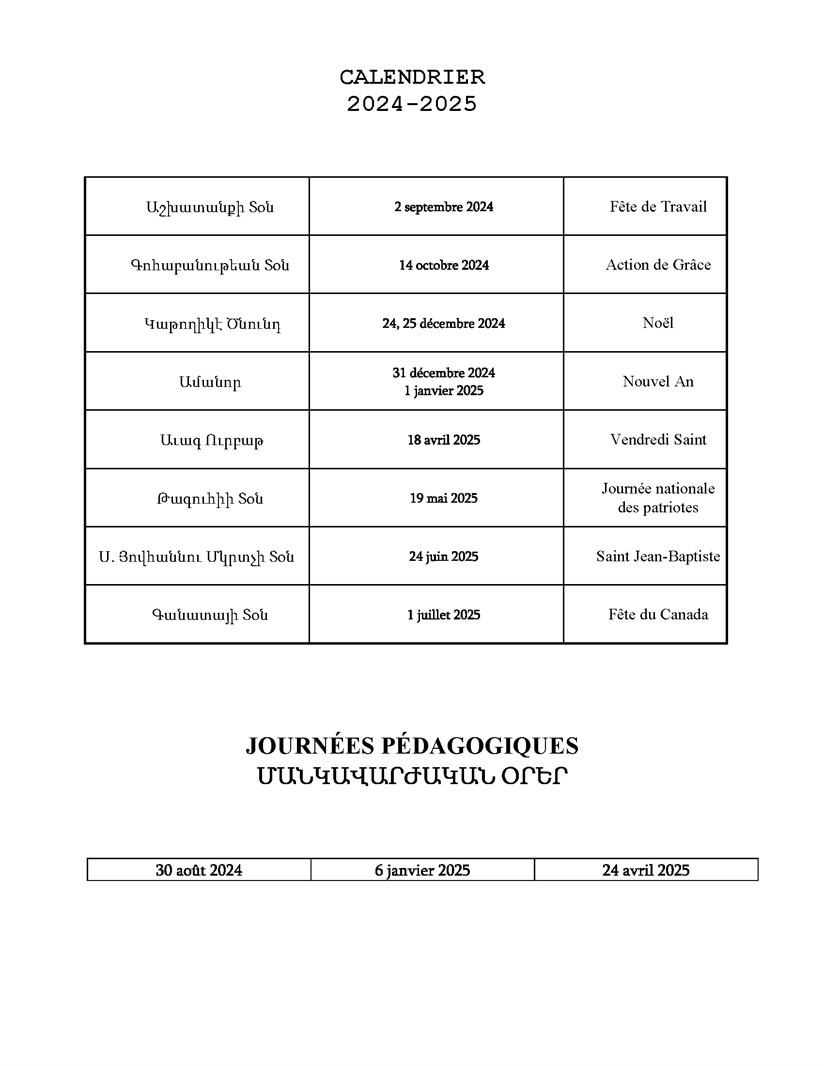 Calendrier 2  - 2024-2025